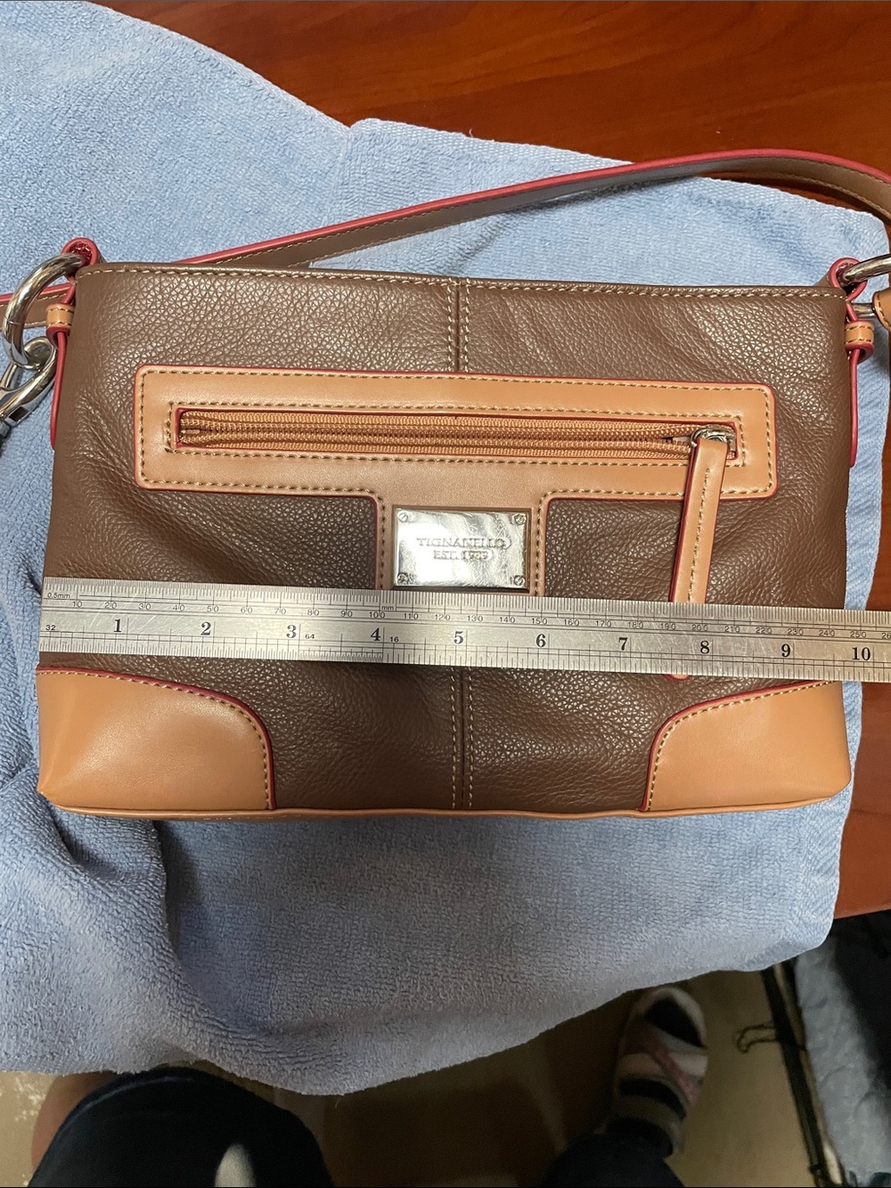 Tignanello Tan and Brown Leather Crossbody with Striped Lining - Picture 7 of 8